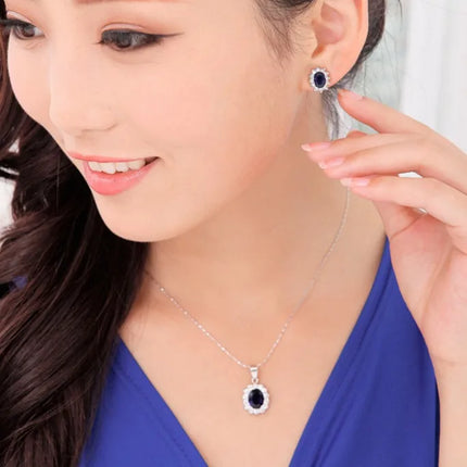 New Luxury Blue Royal Princess With Inlaid Imitation Gemstone Crystal Necklace Earrings Set Female Bride Set Party Jewelry High