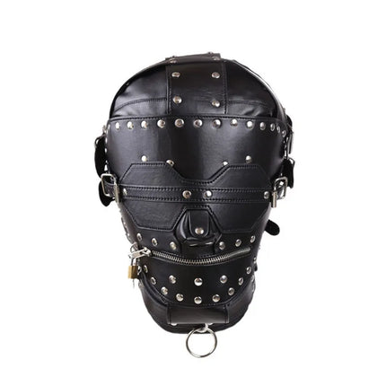 Black PU Leather BDSM Bondage Mask Full Head Harness Fetish with Blindfold and Zipper Locking Sex Slave Head Hood Sex Toys