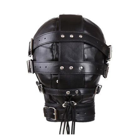Black PU Leather BDSM Bondage Mask Full Head Harness Fetish with Blindfold and Zipper Locking Sex Slave Head Hood Sex Toys