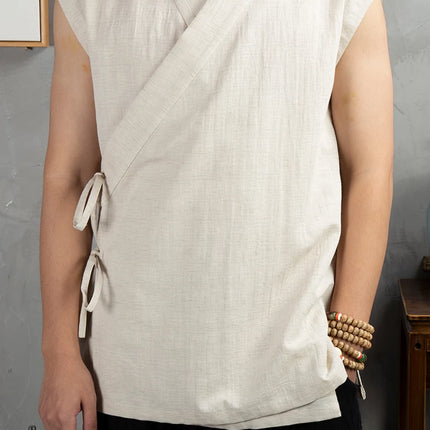 Traditional Chinese Clothing  Hanfu Men Linen cotton sleeveless Jacket mens tang suit Kimono Cardigan Male Open Stitch Coat