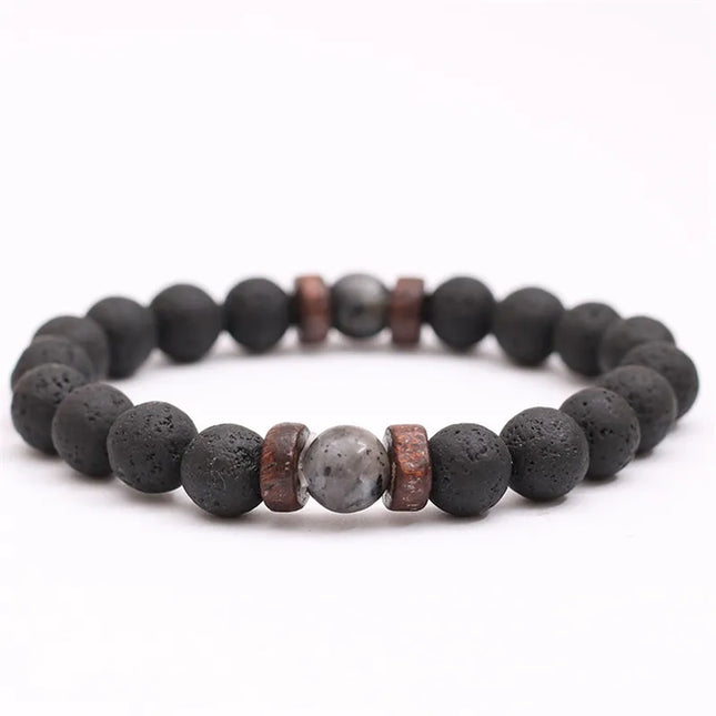 YIZIZAI Natural Lava Rock Stone Beads Strand Bracelet Wooden bead Accessories Black Charm Stone Men Women Jewelry Gift