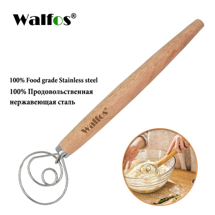 WALFOS Stainless Steel Danish Dough Mixer Cake Bread Pastry Dough Mixer Stick Egg Beater Tool Mixing Tool Oak Handle