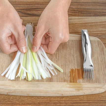 LMETJMA Stainless Steel Onion Slicer Cutter Scallion Cutter Knife Multi Vegetable Fruit Chopper Shredder Kitchen Gadget KC0148