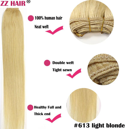 ZZHAIR 100% Human Hair Extensions 16"-26" Machine Made Remy Hair Weft Weaving 100g/Pcs Straight Natural Silk Non-clips