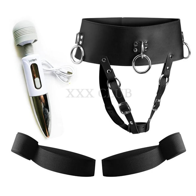Thierry Forced Orgasm Restraint Kit Chastity Briefs Strap Device AV Vibrator Masturbation Belt Wrist to Thigh Cuffs Bondage