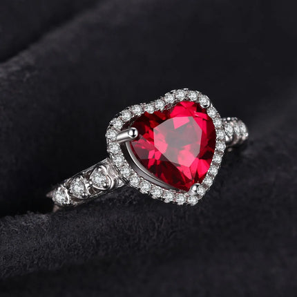 JewelryPalace Heart Love Created Red Ruby 925 Sterling Silver Rings for Women Fashion Gemstone Jewelry Halo Engagement Band