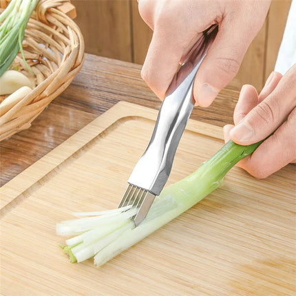 LMETJMA Stainless Steel Onion Slicer Cutter Scallion Cutter Knife Multi Vegetable Fruit Chopper Shredder Kitchen Gadget KC0148