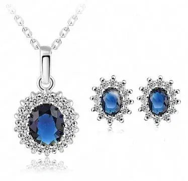 New Luxury Blue Royal Princess With Inlaid Imitation Gemstone Crystal Necklace Earrings Set Female Bride Set Party Jewelry High