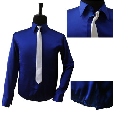 Dance King Michael Jackson Smooth Criminal Blue Shine Shirt & Tie Thread Gluing Performance Halloween Show Clothing No Button