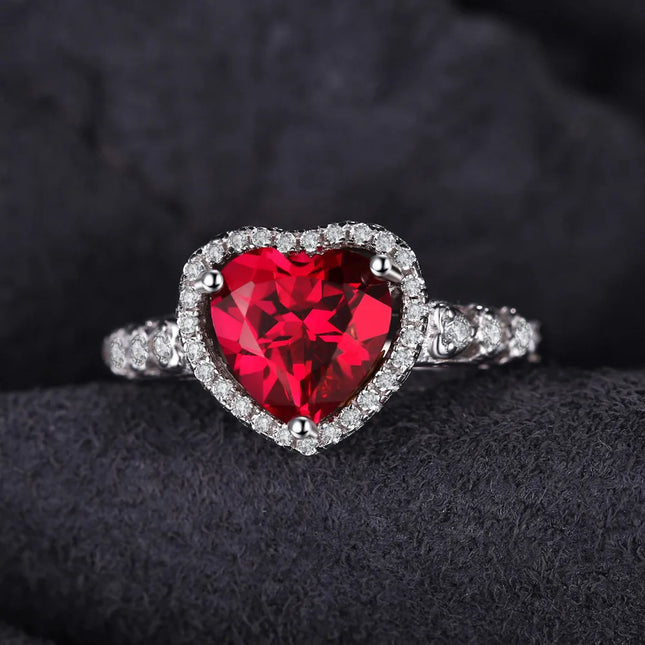 JewelryPalace Heart Love Created Red Ruby 925 Sterling Silver Rings for Women Fashion Gemstone Jewelry Halo Engagement Band