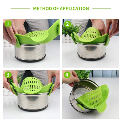LMETJMA 6 Color Universal Clip on Strainer Adjustable Silicone Strain Pot   Strainer Colander For Pasta Fruit Vegetable JT-007