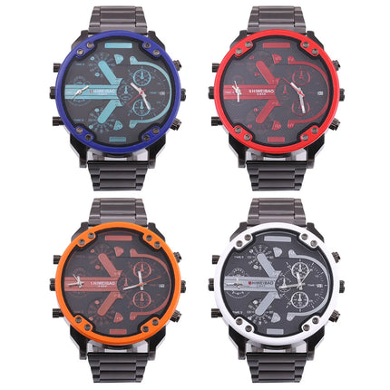 Brand Big Dial Steel Strip Dual Time Display Men Watches Chronograph Quartz Military Wristwatch Relogio Masculino Hombre Reloj