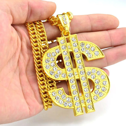 Hip Hop Gold Tone Dollar Sign Pendants Necklaces Long Twist Chain Statement Necklace For Women Men