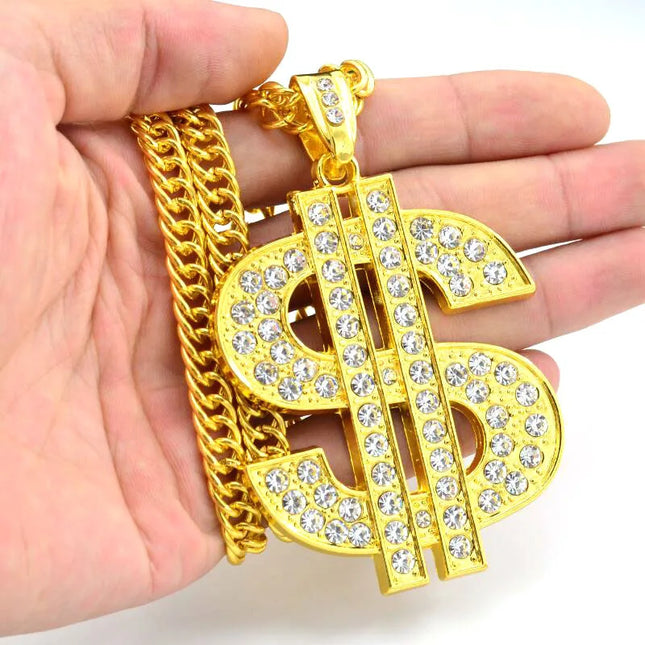 Hip Hop Gold Tone Dollar Sign Pendants Necklaces Long Twist Chain Statement Necklace For Women Men