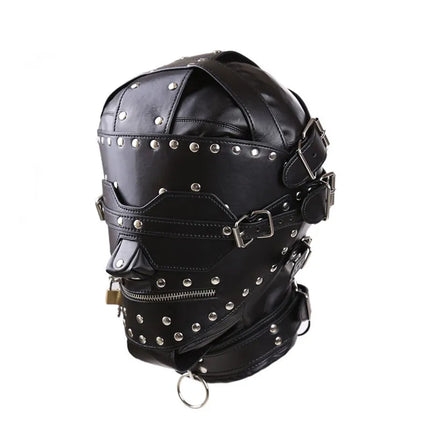 Black PU Leather BDSM Bondage Mask Full Head Harness Fetish with Blindfold and Zipper Locking Sex Slave Head Hood Sex Toys