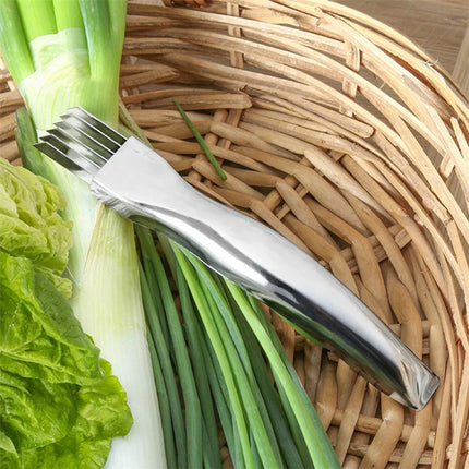 LMETJMA Stainless Steel Onion Slicer Cutter Scallion Cutter Knife Multi Vegetable Fruit Chopper Shredder Kitchen Gadget KC0148