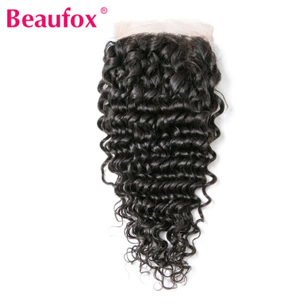 Beaufox Brazilian Deep Wave Lace Closure 4x4 Human Hair Free Part With Baby Hairs 130% Density Remy Hair Natural Color