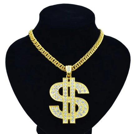 Hip Hop Gold Tone Dollar Sign Pendants Necklaces Long Twist Chain Statement Necklace For Women Men