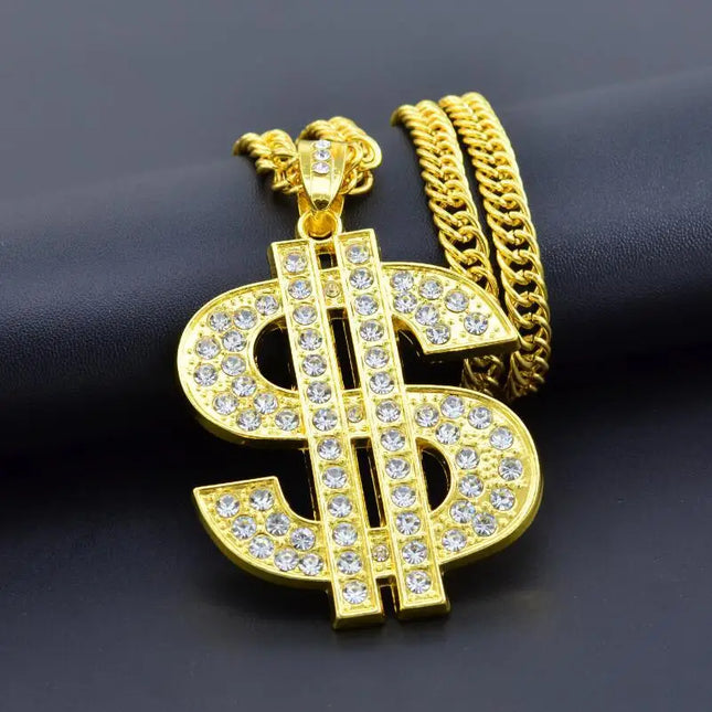 Hip Hop Gold Tone Dollar Sign Pendants Necklaces Long Twist Chain Statement Necklace For Women Men
