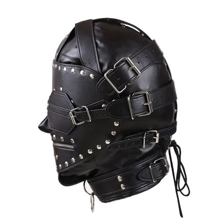 Black PU Leather BDSM Bondage Mask Full Head Harness Fetish with Blindfold and Zipper Locking Sex Slave Head Hood Sex Toys