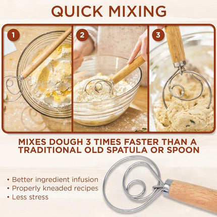 WALFOS Stainless Steel Danish Dough Mixer Cake Bread Pastry Dough Mixer Stick Egg Beater Tool Mixing Tool Oak Handle