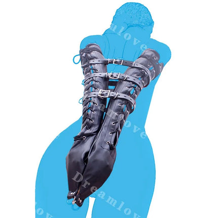 Kinky Women PU Leather Opera Full Length Gloves Arm Restraint Lockable Lacing and Buckling Double Mitts Fetish Costume