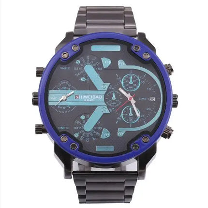 Brand Big Dial Steel Strip Dual Time Display Men Watches Chronograph Quartz Military Wristwatch Relogio Masculino Hombre Reloj