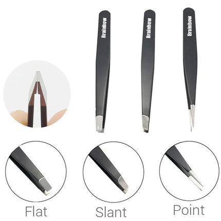 Brainbow 3pcs Eyebrow Tweezer Set Stainless Steel Slant Tip/Point Tip/Flat Tip Eyes Tweezers For Face Hair Removal Make Up Tools