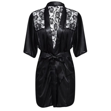 New Sexy Night Gown Women Erotic Underwear Hot Sexy Lingerie Plus Size Satin Lace Black Kimono Intimate Sleepwear Robe Sexy Nigh