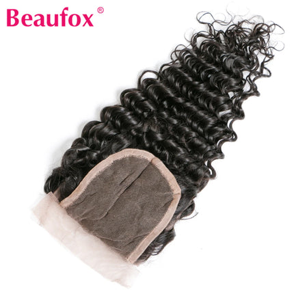 Beaufox Brazilian Deep Wave Lace Closure 4x4 Human Hair Free Part With Baby Hairs 130% Density Remy Hair Natural Color