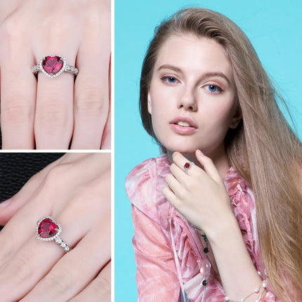JewelryPalace Heart Love Created Red Ruby 925 Sterling Silver Rings for Women Fashion Gemstone Jewelry Halo Engagement Band