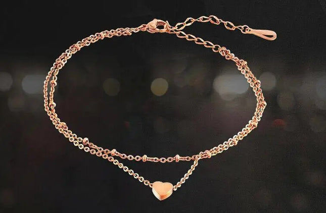 Japan And South Korea Fashion Double Love Heart Beach Anklet Titanium Steel Heart Gift Anklets For Women Barefoot Sandals Halhal