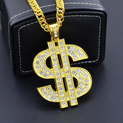 Hip Hop Gold Tone Dollar Sign Pendants Necklaces Long Twist Chain Statement Necklace For Women Men