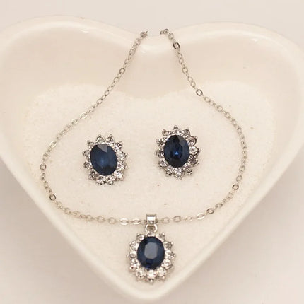 New Luxury Blue Royal Princess With Inlaid Imitation Gemstone Crystal Necklace Earrings Set Female Bride Set Party Jewelry High