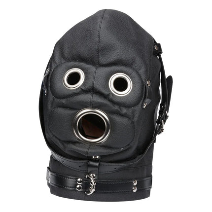 SM Leather Padded Hood Blindfold With Open Mouth Penis Gag Dildo Gag,Fetish Slave BDSM Bondage Head Harness Sex Mask Erotic Toys