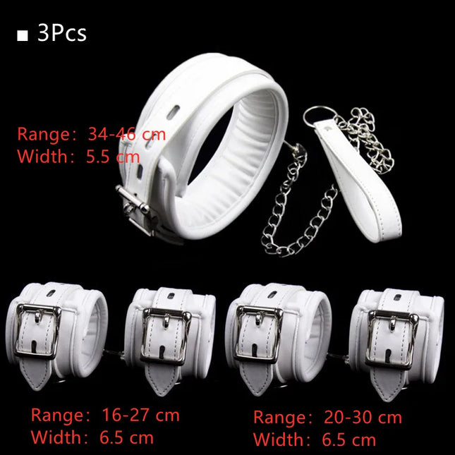 Soft PU Sponge Slave Bondage Set of Handcuffs Ankle Cuffs with Metal Chain Collar for Women Men Fetish Bdsm Adult Games Sex Toys