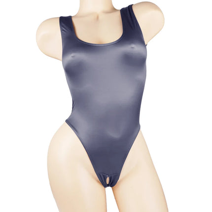 Satin Glossy Leotards One Piece Swimsuit Sexy High-Cut Open Crotch Bikini Thong Bodysuit Shiny Women Lingerie Plus Size