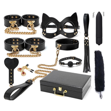BLACKWOLF BDSM Bed Bondage Kits Genuine Leather Restraint Set Handcuffs Collar Gag Erotic Sex Toys For Women Couples Adult Games