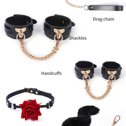 Luxury Genuine leather BDSM Kits Bed Bondage Set Restraint Handcuffs Collar Gag Erotic Sex Toys For Women Couples Adult Games