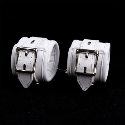 Soft Padded White BDSM Bondage Restraint Wrist Handcuffs Neck Collar Ankle Cuffs with Chain Slave Erotic Flirting Adult Sex Toys