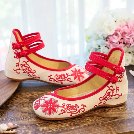 Veowalk Sunflower Embroidered Women Canvas Ballet Flats Ankle Strap Ladies Casual Cotton Chinese Embroidery Ballerina Shoes