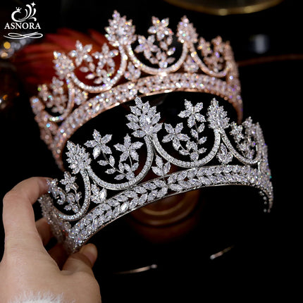 ASNORA Shiny High-Quality Hair Jewelry CZ Crowns, Bride Tiara Princess Birthday Wedding Accessories， Rose Gold Headdress