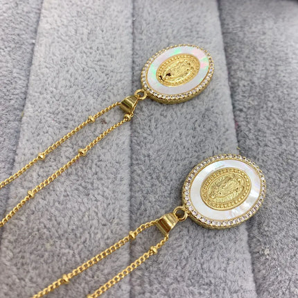 Oval Metal Sea Shell Zircon Virgin Mary Guadalupe Pendant Necklace Blessing Jewelry For Women