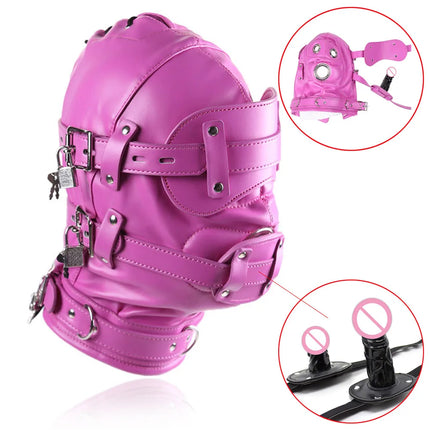 SM Leather Padded Hood Blindfold With Open Mouth Penis Gag Dildo Gag,Fetish Slave BDSM Bondage Head Harness Sex Mask Erotic Toys