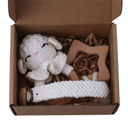 3Pcs/set Infants Shower Gift Baby Pacifier Chain Clip Beech Teether Wooden Teething Ring Newborn Crochet Animal Rabbite Rattle
