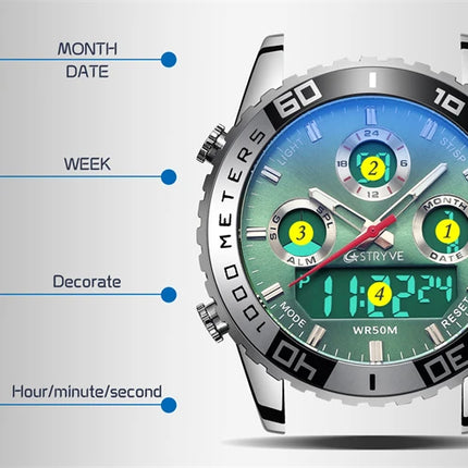 STRYVE 8023 Men's Watch Electronic Quartz Dual Movement Rubber Strap Date Week Luminous 50M Water Resistant Fashion Sports Watch