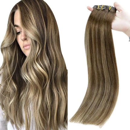 Full Shine Seamless Clip On Natural Human Hair Extension 8Pcs100g PU Clip Ombre Blond Color Skin Weft  Machine Remy For Women
