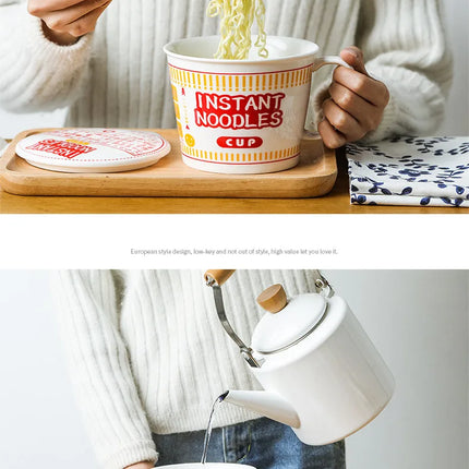 ins style creative instant noodle ceramic Cup bowl with cover bento box Student lunch box instant noodle Bowl soup Bowl set