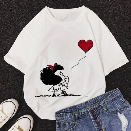 2020 New Summer Fashion Female Pink Tops Mafalda Cute Graphic Print T-shirt Women Harajuku Aesthetic White Tops Kawaii Tshirt