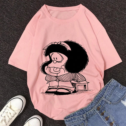 2020 New Summer Fashion Female Pink Tops Mafalda Cute Graphic Print T-shirt Women Harajuku Aesthetic White Tops Kawaii Tshirt